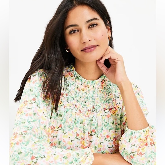 Ann Taylor Loft Buttercup Floral Smocked Yoke Blouse - Picture 3 of 9